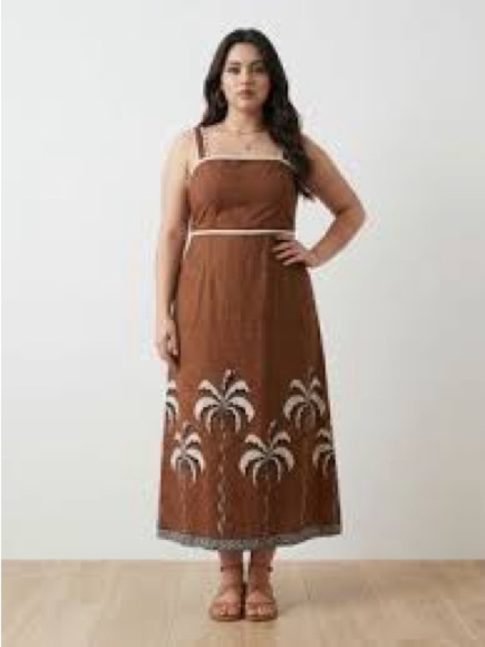 NWT White Closet Linen Blend Palm Tree Maxi Dress XS Brown Ric Rac Adjustable